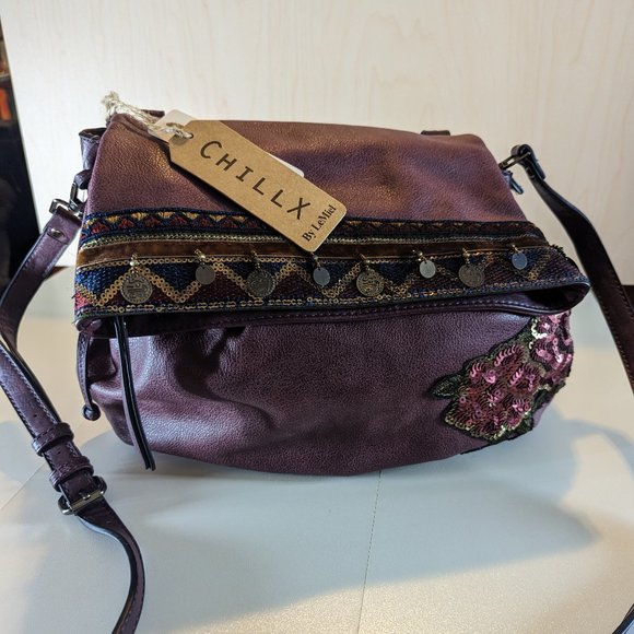 OVERSIZED Le Miel Chill X Vegan Bag Satchel w/Strap&Sequin - Burgandy - Picture 1 of 6